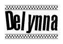 The image contains the text Delynna in a bold, stylized font, with a checkered flag pattern bordering the top and bottom of the text.