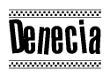 The clipart image displays the text Denecia in a bold, stylized font. It is enclosed in a rectangular border with a checkerboard pattern running below and above the text, similar to a finish line in racing. 