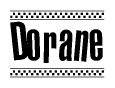 The image is a black and white clipart of the text Dorane in a bold, italicized font. The text is bordered by a dotted line on the top and bottom, and there are checkered flags positioned at both ends of the text, usually associated with racing or finishing lines.