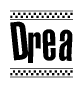The image is a black and white clipart of the text Drea in a bold, italicized font. The text is bordered by a dotted line on the top and bottom, and there are checkered flags positioned at both ends of the text, usually associated with racing or finishing lines.