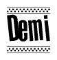 The image contains the text Demi in a bold, stylized font, with a checkered flag pattern bordering the top and bottom of the text.