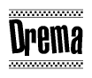 The image is a black and white clipart of the text Drema in a bold, italicized font. The text is bordered by a dotted line on the top and bottom, and there are checkered flags positioned at both ends of the text, usually associated with racing or finishing lines.