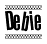 The image is a black and white clipart of the text Debie in a bold, italicized font. The text is bordered by a dotted line on the top and bottom, and there are checkered flags positioned at both ends of the text, usually associated with racing or finishing lines.