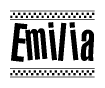 The image is a black and white clipart of the text Emilia in a bold, italicized font. The text is bordered by a dotted line on the top and bottom, and there are checkered flags positioned at both ends of the text, usually associated with racing or finishing lines.