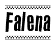 The image is a black and white clipart of the text Falena in a bold, italicized font. The text is bordered by a dotted line on the top and bottom, and there are checkered flags positioned at both ends of the text, usually associated with racing or finishing lines.