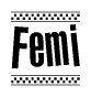 The clipart image displays the text Femi in a bold, stylized font. It is enclosed in a rectangular border with a checkerboard pattern running below and above the text, similar to a finish line in racing. 
