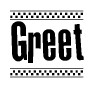 The clipart image displays the text Greet in a bold, stylized font. It is enclosed in a rectangular border with a checkerboard pattern running below and above the text, similar to a finish line in racing. 