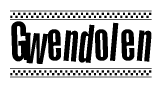 The image is a black and white clipart of the text Gwendolen in a bold, italicized font. The text is bordered by a dotted line on the top and bottom, and there are checkered flags positioned at both ends of the text, usually associated with racing or finishing lines.