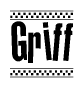 The image is a black and white clipart of the text Griff in a bold, italicized font. The text is bordered by a dotted line on the top and bottom, and there are checkered flags positioned at both ends of the text, usually associated with racing or finishing lines.