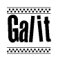 The image is a black and white clipart of the text Galit in a bold, italicized font. The text is bordered by a dotted line on the top and bottom, and there are checkered flags positioned at both ends of the text, usually associated with racing or finishing lines.