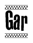 The image is a black and white clipart of the text Gar in a bold, italicized font. The text is bordered by a dotted line on the top and bottom, and there are checkered flags positioned at both ends of the text, usually associated with racing or finishing lines.
