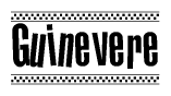 The image is a black and white clipart of the text Guinevere in a bold, italicized font. The text is bordered by a dotted line on the top and bottom, and there are checkered flags positioned at both ends of the text, usually associated with racing or finishing lines.