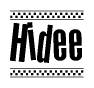 The image contains the text Hidee in a bold, stylized font, with a checkered flag pattern bordering the top and bottom of the text.