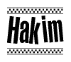 The image is a black and white clipart of the text Hakim in a bold, italicized font. The text is bordered by a dotted line on the top and bottom, and there are checkered flags positioned at both ends of the text, usually associated with racing or finishing lines.