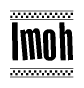 The image is a black and white clipart of the text Imoh in a bold, italicized font. The text is bordered by a dotted line on the top and bottom, and there are checkered flags positioned at both ends of the text, usually associated with racing or finishing lines.