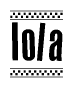 The image is a black and white clipart of the text Iola in a bold, italicized font. The text is bordered by a dotted line on the top and bottom, and there are checkered flags positioned at both ends of the text, usually associated with racing or finishing lines.