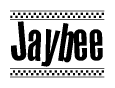 The image is a black and white clipart of the text Jaybee in a bold, italicized font. The text is bordered by a dotted line on the top and bottom, and there are checkered flags positioned at both ends of the text, usually associated with racing or finishing lines.
