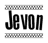 The clipart image displays the text Jevon in a bold, stylized font. It is enclosed in a rectangular border with a checkerboard pattern running below and above the text, similar to a finish line in racing. 