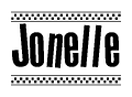 The image contains the text Jonelle in a bold, stylized font, with a checkered flag pattern bordering the top and bottom of the text.