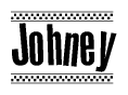 The image is a black and white clipart of the text Johney in a bold, italicized font. The text is bordered by a dotted line on the top and bottom, and there are checkered flags positioned at both ends of the text, usually associated with racing or finishing lines.