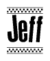 The image contains the text Jeff in a bold, stylized font, with a checkered flag pattern bordering the top and bottom of the text.