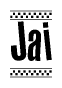 The image is a black and white clipart of the text Jai in a bold, italicized font. The text is bordered by a dotted line on the top and bottom, and there are checkered flags positioned at both ends of the text, usually associated with racing or finishing lines.