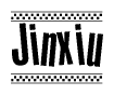 The image is a black and white clipart of the text Jinxiu in a bold, italicized font. The text is bordered by a dotted line on the top and bottom, and there are checkered flags positioned at both ends of the text, usually associated with racing or finishing lines.