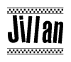 The image is a black and white clipart of the text Jillan in a bold, italicized font. The text is bordered by a dotted line on the top and bottom, and there are checkered flags positioned at both ends of the text, usually associated with racing or finishing lines.