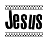 The clipart image contains the word Jesus written in bold, stylized lettering. The font looks bold and decorative, with a border pattern above and below the text that consists of dotted lines and what appears to be a rectangular, geometric pattern.