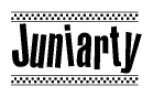 The clipart image displays the text Juniarty in a bold, stylized font. It is enclosed in a rectangular border with a checkerboard pattern running below and above the text, similar to a finish line in racing. 