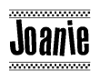 The image contains the text Joanie in a bold, stylized font, with a checkered flag pattern bordering the top and bottom of the text.