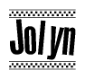 The clipart image displays the text Jolyn in a bold, stylized font. It is enclosed in a rectangular border with a checkerboard pattern running below and above the text, similar to a finish line in racing. 