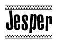 The clipart image displays the text Jesper in a bold, stylized font. It is enclosed in a rectangular border with a checkerboard pattern running below and above the text, similar to a finish line in racing. 