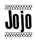 The image contains the text Jojo in a bold, stylized font, with a checkered flag pattern bordering the top and bottom of the text.
