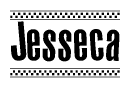 The image is a black and white clipart of the text Jesseca in a bold, italicized font. The text is bordered by a dotted line on the top and bottom, and there are checkered flags positioned at both ends of the text, usually associated with racing or finishing lines.
