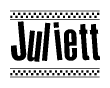 The clipart image displays the text Juliett in a bold, stylized font. It is enclosed in a rectangular border with a checkerboard pattern running below and above the text, similar to a finish line in racing. 
