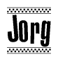 The image contains the text Jorg in a bold, stylized font, with a checkered flag pattern bordering the top and bottom of the text.