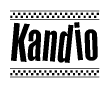 The image contains the text Kandio in a bold, stylized font, with a checkered flag pattern bordering the top and bottom of the text.