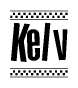 The image is a black and white clipart of the text Kelv in a bold, italicized font. The text is bordered by a dotted line on the top and bottom, and there are checkered flags positioned at both ends of the text, usually associated with racing or finishing lines.