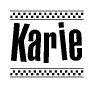 The image contains the text Karie in a bold, stylized font, with a checkered flag pattern bordering the top and bottom of the text.