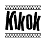 The image is a black and white clipart of the text Kikok in a bold, italicized font. The text is bordered by a dotted line on the top and bottom, and there are checkered flags positioned at both ends of the text, usually associated with racing or finishing lines.