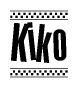 The image is a black and white clipart of the text Kiko in a bold, italicized font. The text is bordered by a dotted line on the top and bottom, and there are checkered flags positioned at both ends of the text, usually associated with racing or finishing lines.