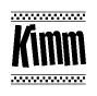 The image contains the text Kimm in a bold, stylized font, with a checkered flag pattern bordering the top and bottom of the text.