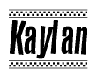 The image is a black and white clipart of the text Kaylan in a bold, italicized font. The text is bordered by a dotted line on the top and bottom, and there are checkered flags positioned at both ends of the text, usually associated with racing or finishing lines.