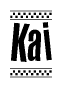 The image is a black and white clipart of the text Kai in a bold, italicized font. The text is bordered by a dotted line on the top and bottom, and there are checkered flags positioned at both ends of the text, usually associated with racing or finishing lines.