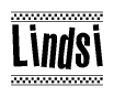 The clipart image displays the text Lindsi in a bold, stylized font. It is enclosed in a rectangular border with a checkerboard pattern running below and above the text, similar to a finish line in racing. 