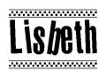 The image is a black and white clipart of the text Lisbeth in a bold, italicized font. The text is bordered by a dotted line on the top and bottom, and there are checkered flags positioned at both ends of the text, usually associated with racing or finishing lines.