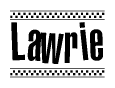 The image contains the text Lawrie in a bold, stylized font, with a checkered flag pattern bordering the top and bottom of the text.