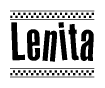 The image is a black and white clipart of the text Lenita in a bold, italicized font. The text is bordered by a dotted line on the top and bottom, and there are checkered flags positioned at both ends of the text, usually associated with racing or finishing lines.