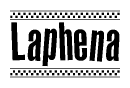 The image contains the text Laphena in a bold, stylized font, with a checkered flag pattern bordering the top and bottom of the text.